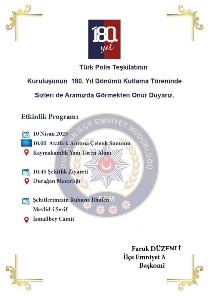 DURAĞAN’DA POLİS TEŞKİLATININ 180. YILI TÖRENLE KUTLANACAK