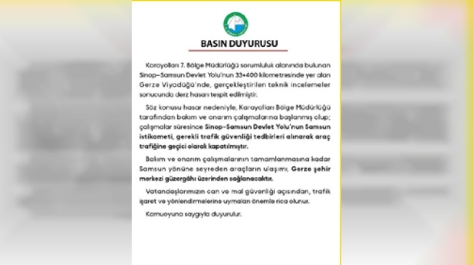 SİNOP–SAMSUN DEVLET YOLU GERZE VİYADÜĞÜ’NDE DERZ HASARI: YOL GEÇİCİ OLARAK TRAFİĞE KAPATILDI