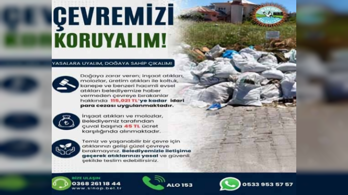 SİNOP BELEDİYESİNDEN ATIK UYARISI: 115 BİN TL’YE KADAR CEZA