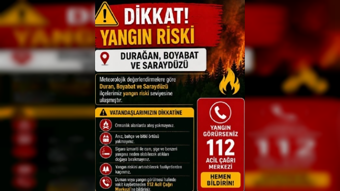 DURAĞAN, BOYABAT VE SARAYDÜZÜ İÇİN YÜKSEK YANGIN RİSKİ UYARISI